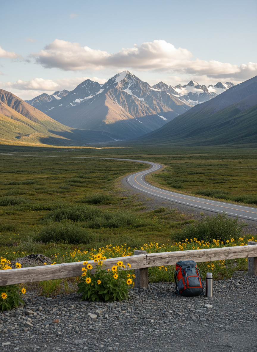 A sweeping Alaskan mountain landscape in photographic realism, with a winding two-lane highway cutting through rolling tundra toward a range of snow-dusted peaks. Bright yellow roadside wildflowers dot the foreground beside a weathered guardrail, and a small backpack and thermos rest on a rocky pullout, hinting at a roadside adventure break. Late afternoon golden hour light bathes the mountains in warm tones, while scattered clouds cast soft shadows across the valley. Shot from a slightly elevated angle with the road leading the eye into the distance, sharp focus throughout. The mood is playful and free-spirited, evoking an epic road trip and the thrill of open horizons across Alaska.