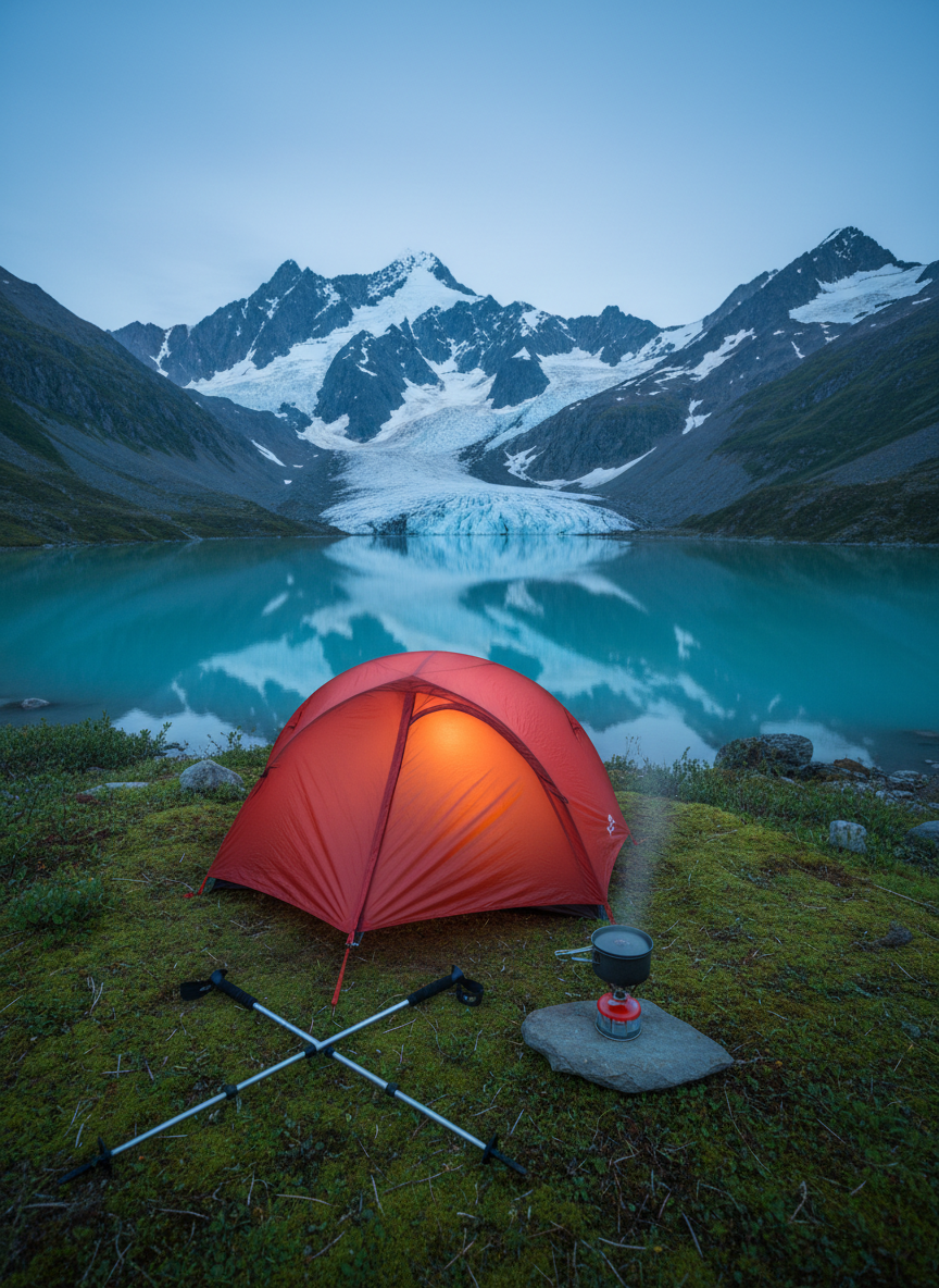 A cozy Alaskan campsite beside a turquoise glacial lake, captured in authentic photographic detail. A bright red dome tent sits on a patch of mossy ground near smooth river stones, with a pair of hiking poles crossed neatly beside the entrance. A small camp stove simmers on a flat rock, sending up a delicate wisp of steam into the crisp evening air. Snowy peaks rise in the distance, their shapes mirrored in the still water. Soft, cool twilight wraps the scene in gentle blue tones, while a faint warm glow from inside the tent adds contrast. Shot at eye level with a moderate depth of field, the atmosphere feels playful yet peaceful, like a private Alaskan hideaway at the end of a day’s exploring.